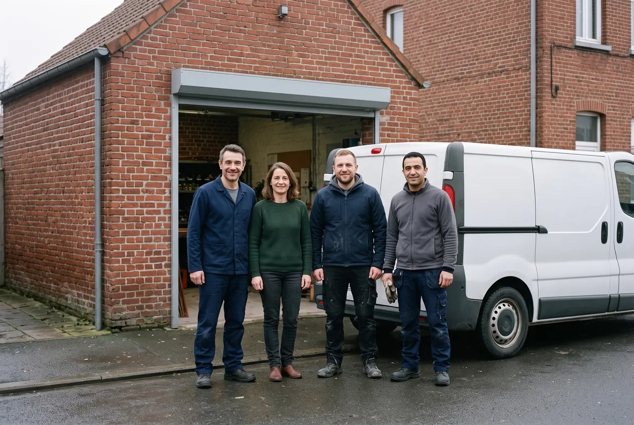 Julien, Sandrine, Kévin et Mehdi devant la porte ouverte de l'atelier en brique, à côté d'un fourgon blanc