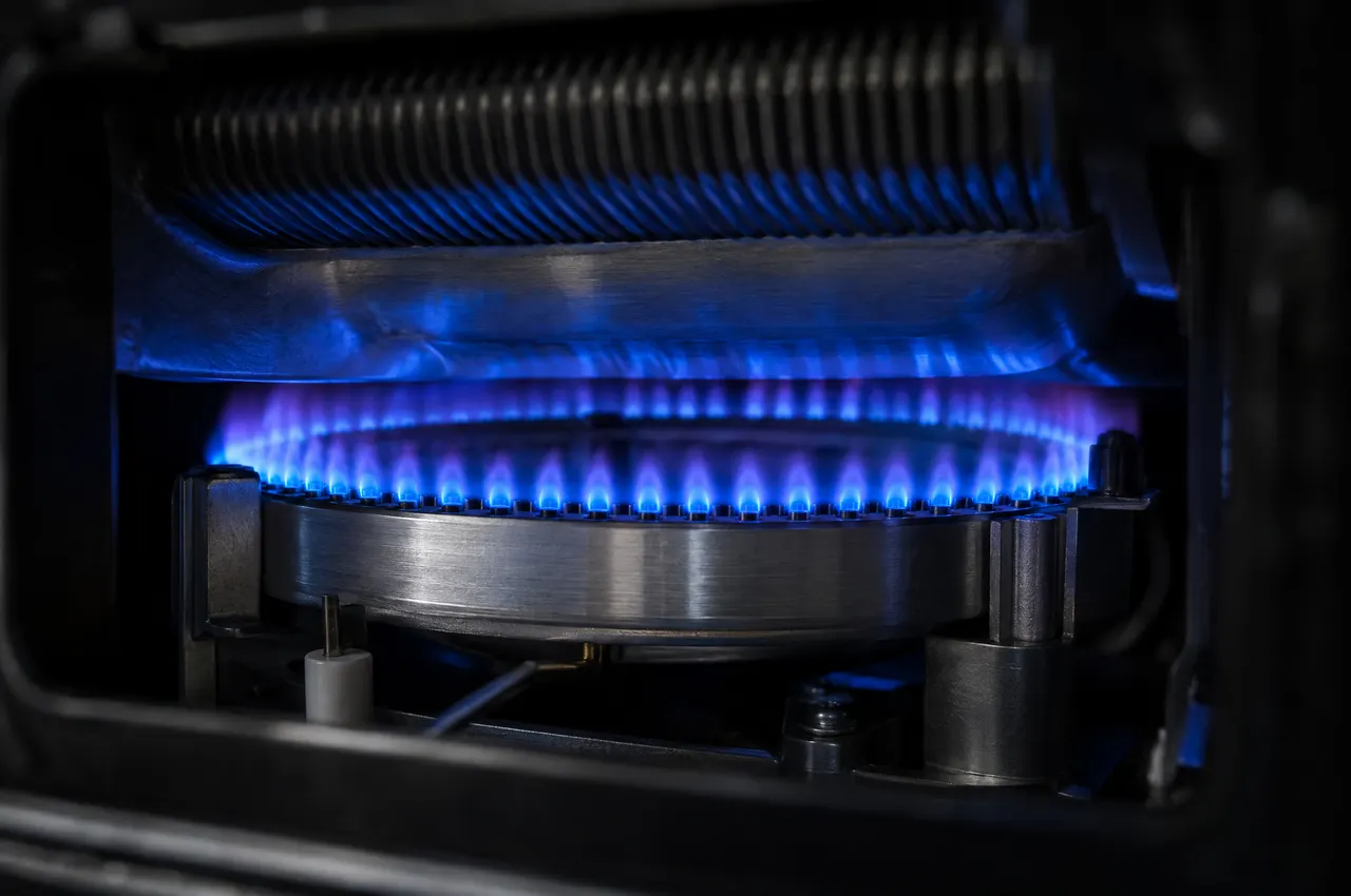 Couronne de flammes bleues sur le brûleur d'une chaudière gaz, signe d'une bonne combustion