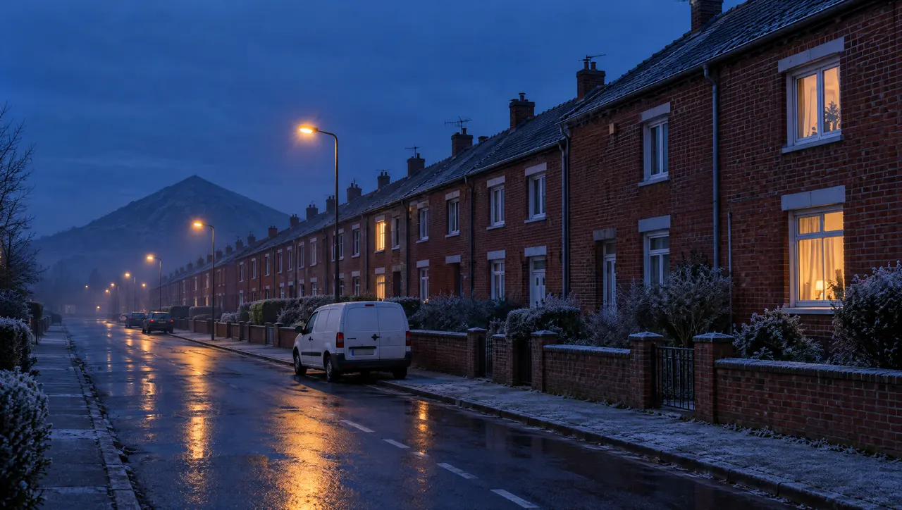 Rue de corons en brique rouge à l'heure bleue en hiver, givre sur le trottoir, une fenêtre éclairée, un fourgon blanc garé et la silhouette d'un terril au fond