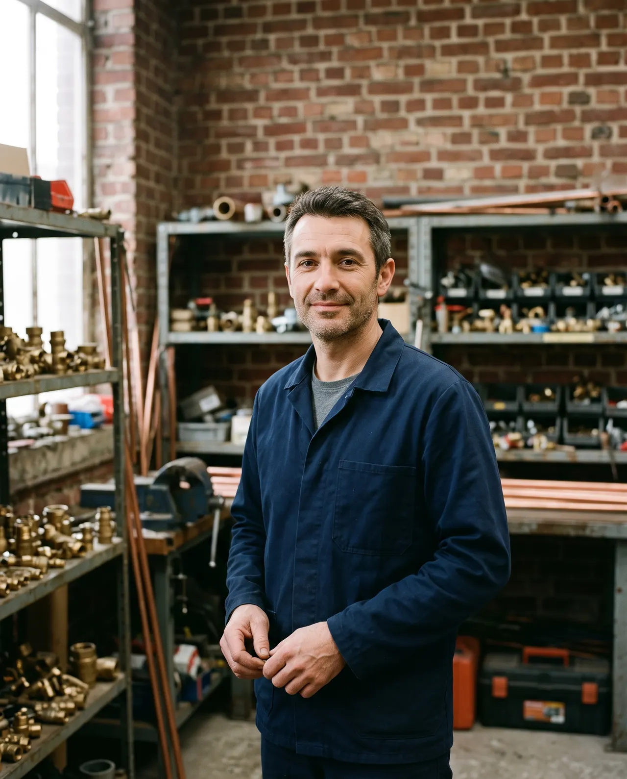 Portrait de Julien Verlinde, veste de travail bleu marine, dans l'atelier aux étagères de raccords en laiton et cuivre