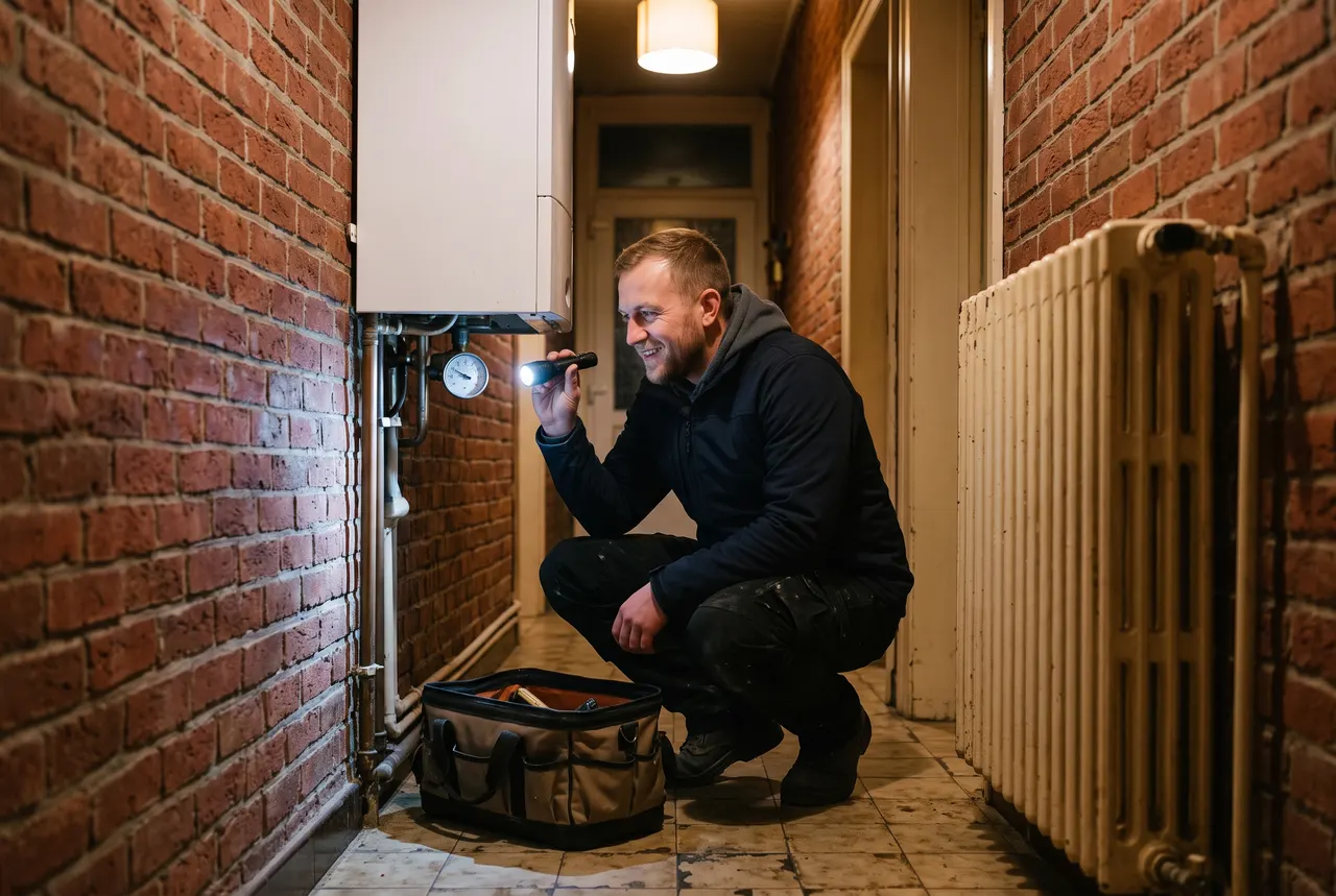 Kévin, technicien, accroupi dans le couloir en brique d'une maison de coron, vérifie à la lampe le manomètre sous une chaudière murale, à côté d'un radiateur en fonte