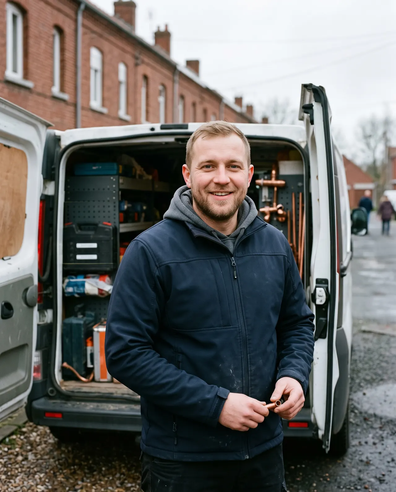 Portrait de Kévin Nowak devant les portes ouvertes de son fourgon rangé, dans une rue de maisons de brique