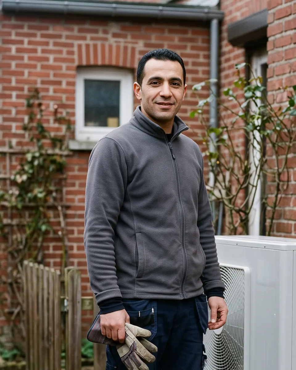 Portrait de Mehdi Saïdi, polaire grise, dans une cour de maison en brique à côté d'une pompe à chaleur