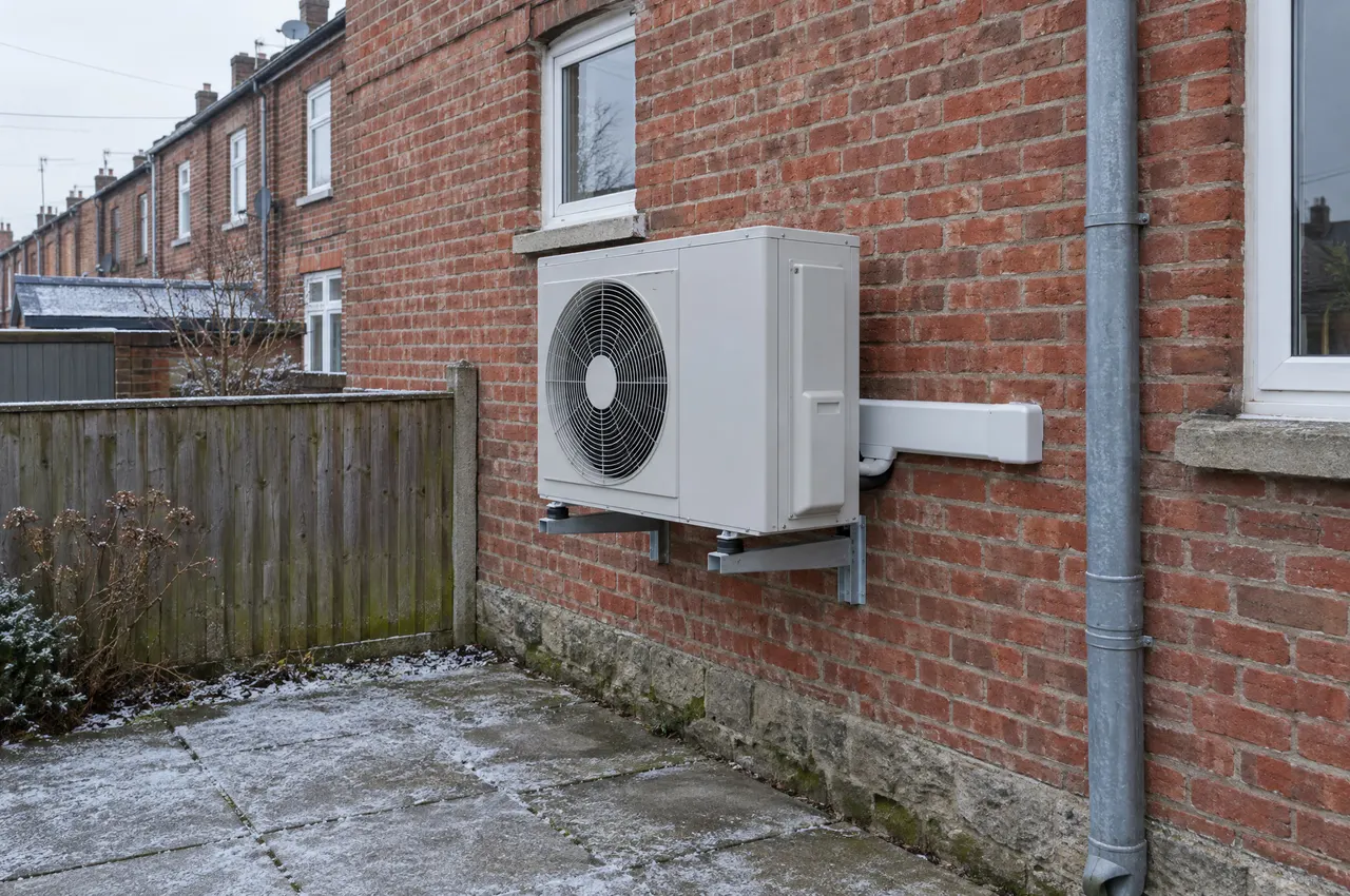 Unité extérieure de pompe à chaleur air/eau posée sur consoles contre le mur de brique arrière d'une maison de coron, givre sur les dalles