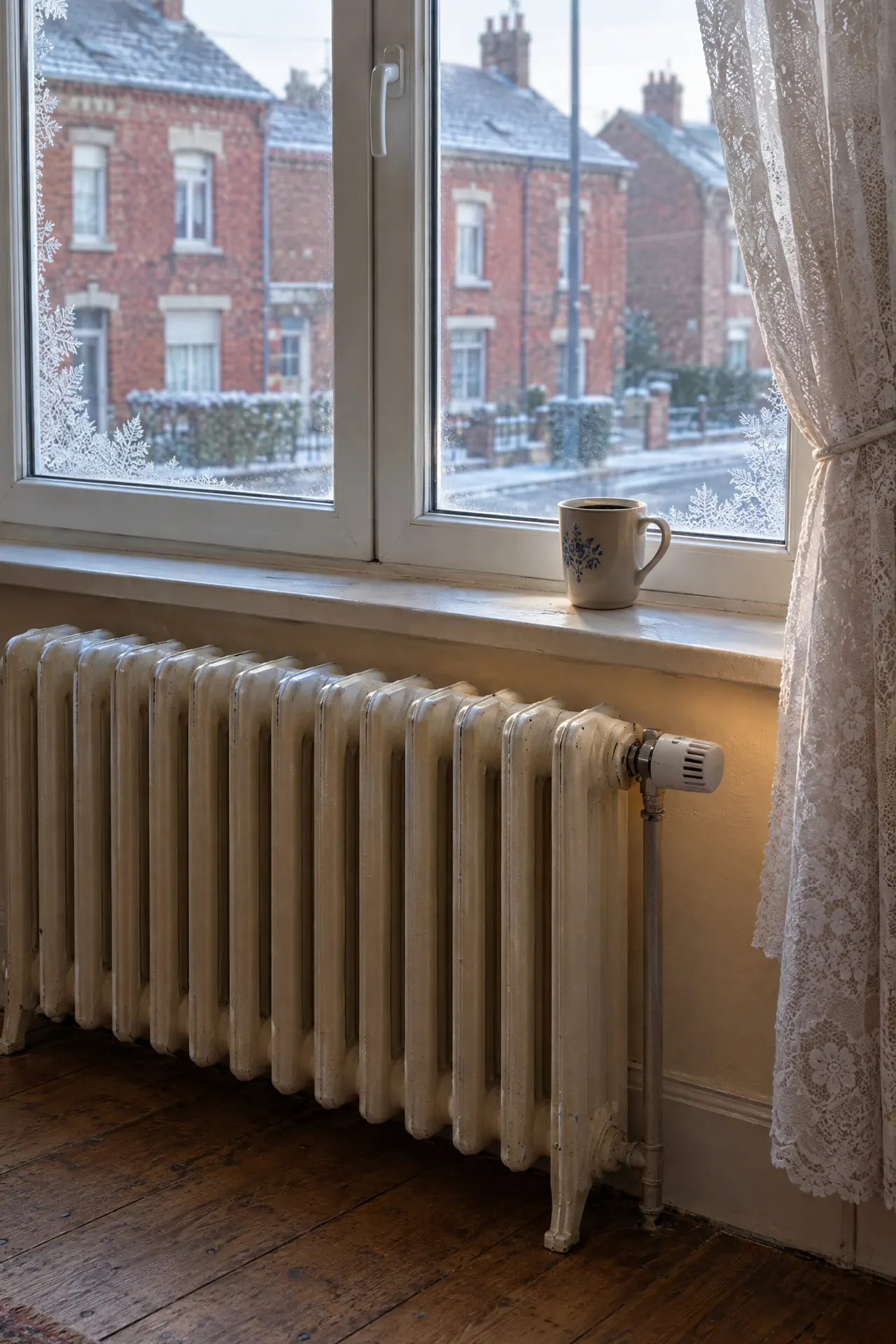 Radiateur en fonte peint en crème sous une fenêtre givrée, dans la pièce de devant d'une maison de coron, les façades de brique en face