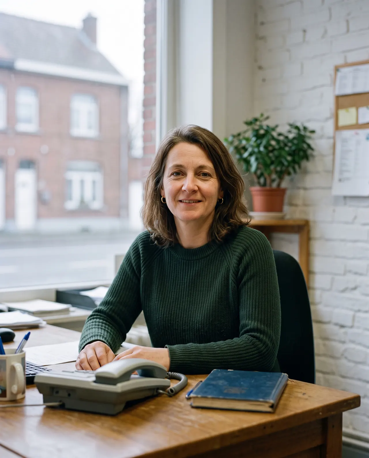 Portrait de Sandrine Verlinde, pull vert, assise à son bureau près du téléphone