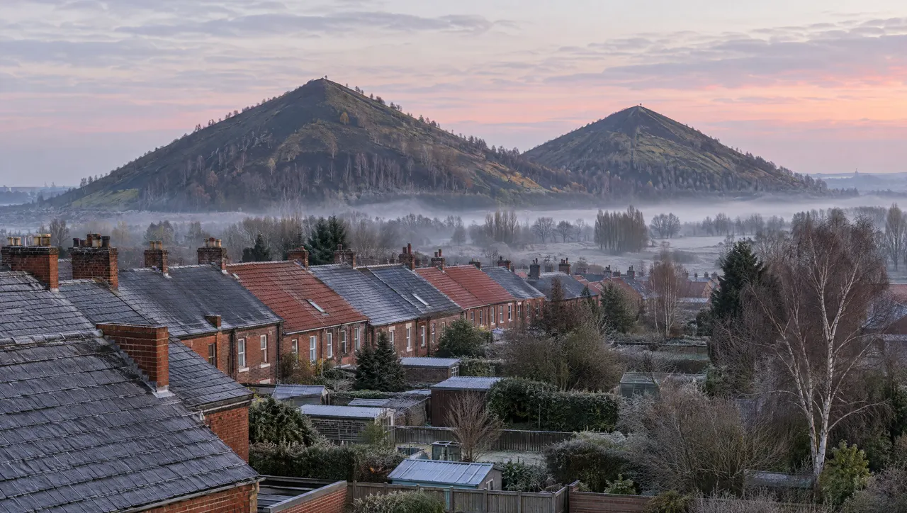 Les deux terrils de Loos-en-Gohelle à l'aube d'hiver, la brume dans la plaine et les toits des maisons de mineurs au premier plan